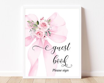 Letrero para libro de visitas de baby shower con lazo rosa moderno, editable, elegante, acuarela, para niña coqueta, decoración imprimible, descarga instantánea BS39