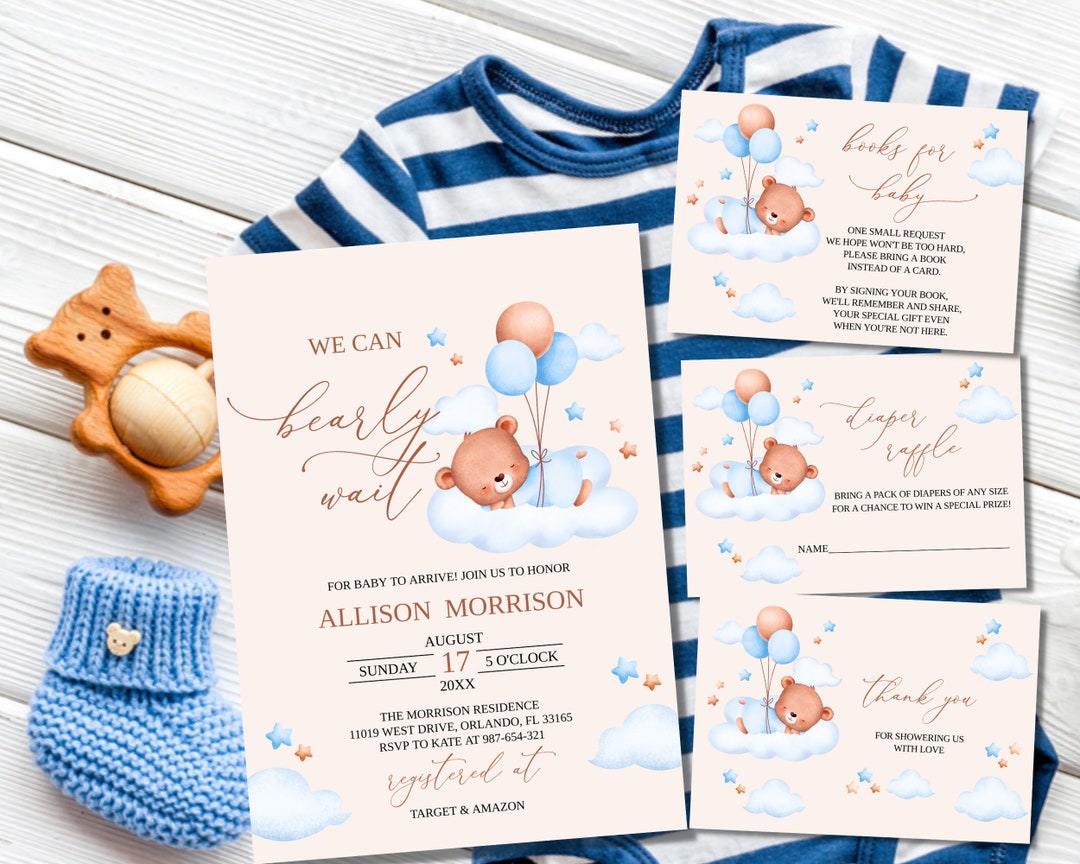 Editable We Can Bearly Wait Baby Shower Invitation Teddy Bear Hot Air ...