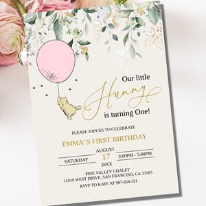 Classic Winnie the Pooh 1st Birthday Invitation Template Editable Pink Balloon Girl Honey Greenery Oh Girl Baby Shower Party Invite BB24