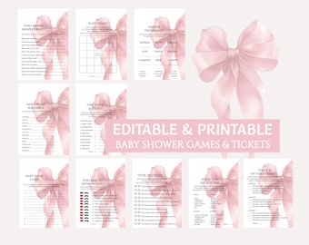 Paquete de juegos para baby shower con lazo rosa ruborizado moderno, juegos imprimibles para baby shower de niña, juegos editables para fiesta de bebé con coqueta rosa, BS36