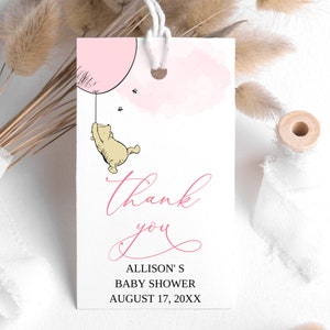 Winnie The Pooh Baby Shower Favor Tag, Thank you Tag, Classic Winnie Baby Shower Decor, Winnie Pooh Sign, Baby Girl Shower, Editable, BS15