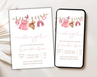 Invitación para baby shower de niña, tendedero rosa, ropa de bebé editable, ropa de bebé niña, tendedero bohemio para niña, BS41