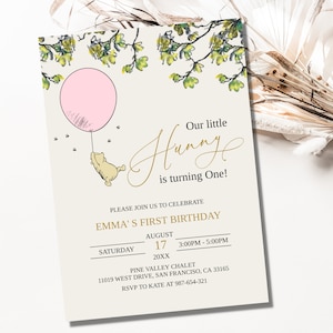 Klassische Winnie The Pooh Mädchen Einladung zum 1. Geburtstag, klassische Winnie The Pooh Einladung, Mädchen 1. Geburtstag einladen, bearbeitbar, BB5