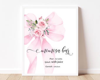 Letrero moderno para bar de baby shower de niña, diseño de momosa, lazo floral rosa ruborizado editable, descarga instantánea imprimible BS39