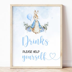 Peter Rabbit Baby Shower Drinks Sign, Drink Sign, Editable Template, Rustic Bunny, Shower Decor, Boy Party Printable, Instant Download, BS10