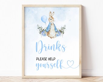 Signe de boissons de douche de bébé Peter Rabbit, signe de boisson, modèle modifiable, lapin rustique, décor de douche, fête de garçon imprimable, téléchargement immédiat, BS10