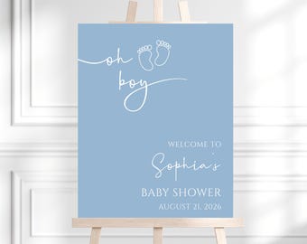 Minimalistyczny szablon znaku powitalnego na baby shower Oh Boy, znak na baby shower Boho Dusty Blue Boy, nowoczesny prysznic, chłopiec, pobieranie cyfrowe, BS33