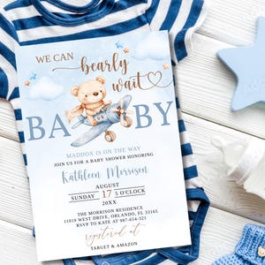 Digital Boy Baby Shower Invitation Templates, Editable Bear Baby Shower Invite, Balloon Baby Shower Party Invitation, Instant Download, BS29