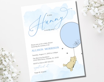 Classic Winnie The Pooh Baby Shower Invitation Template, Pooh Digital Download Invite, Blue Balloon Baby Boy Shower Invite, Editable, BS14
