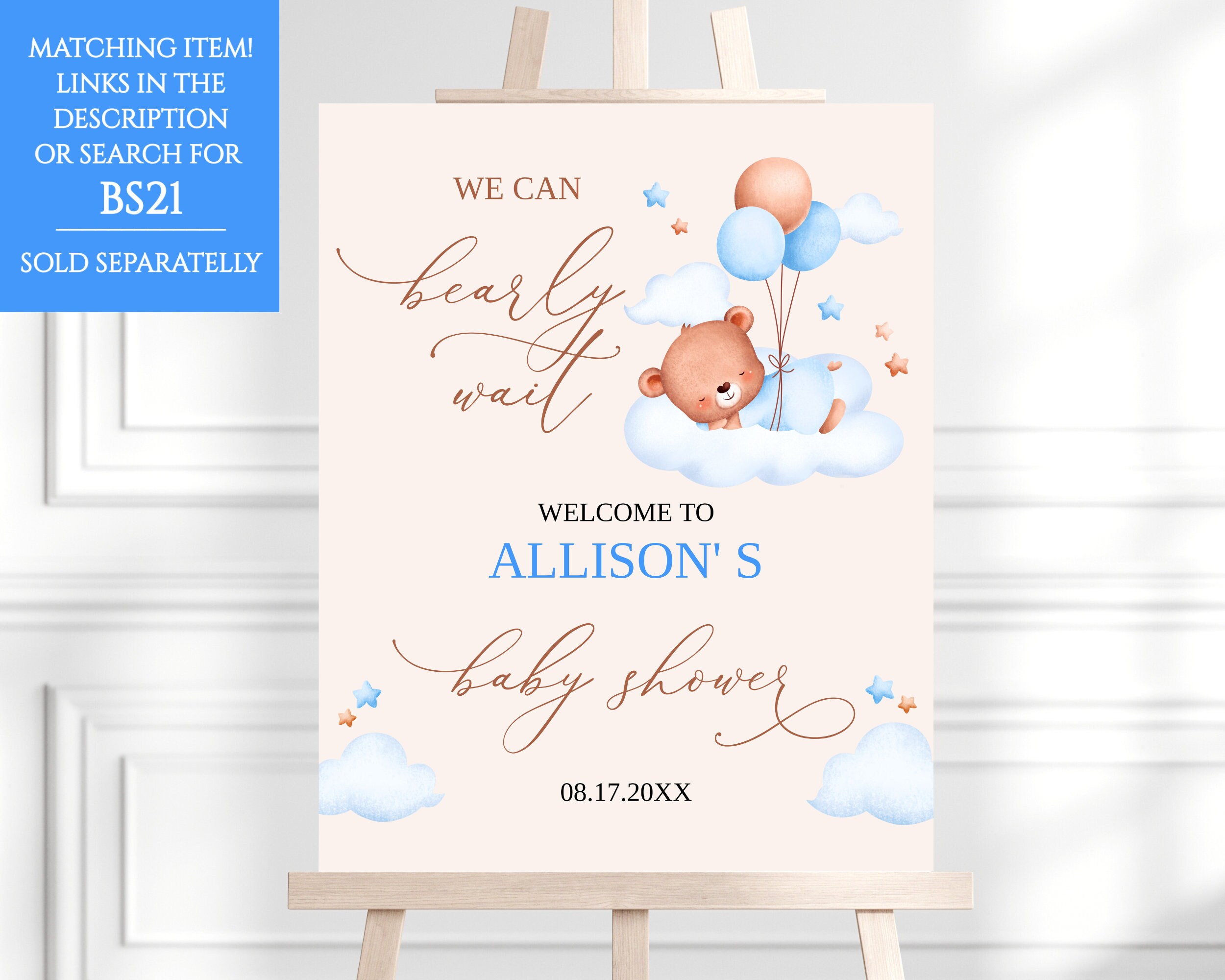 Editable Blue We Can Bearly Wait Teddy Bear Balloon Bear Theme Baby ...