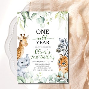 Safari Jungle 1st Birthday Invitation, One wild year Invitation, Baby Birthday Invitation, First Birhtday Invite, Editable, BB9