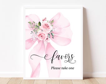 Letrero de regalo con lazo rosa ruborizado moderno: plantilla editable, elegante y coqueta de acuarela para baby shower, letrero imprimible, BS39