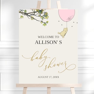 Winnie The Pooh Girl Baby Shower Welcome Sign, Pooh - Baby Shower Decor, Classic Winnie The Pooh Sign, Baby Girl Shower, Editable,  BS13