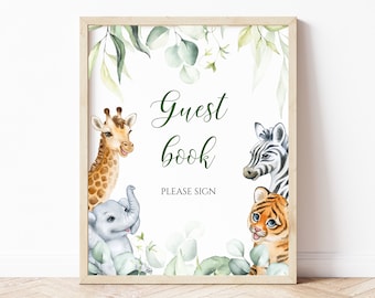 Signe de livre d'or de douche de bébé de jungle de safari, douche de bébé d'un petit sauvage, douche de bébé d'animaux de safari de verdure, numérique, BS2