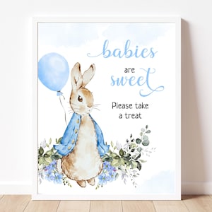 Peter Rabbit Baby Shower Babies Are Sweet Sign, Rustic Bunny Baby Shower Party Sign Template, Blue Balloon Boy Party, Instant Download, BS27
