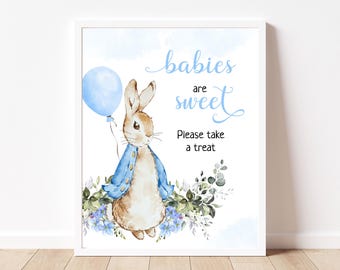 Peter Rabbit Baby Shower Babies Are Sweet Sign, Rustic Bunny Baby Shower Party Sign Template, Blue Balloon Boy Party, Instant Download, BS27