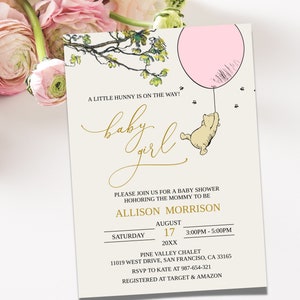 Winnie The Pooh Baby Shower Invitation, Pooh - Baby Shower Invitation, Classic Winnie The Pooh Invite, Baby Girl Shower, Editable,  BS13