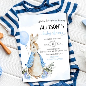 Editable Peter Rabbit Baby Shower Invitation, Blue Peter Rabbit Digital Template, A little bunny is on the way Baby Shower Invite, BS27
