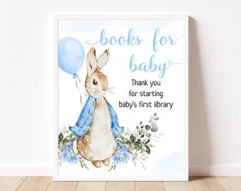 Editable Peter Rabbit Baby Shower Books for Baby Sign, Flopsy Bunny Baby Shower Party Sign Template Vintage Bunny Boy Baby Party Decor BS27