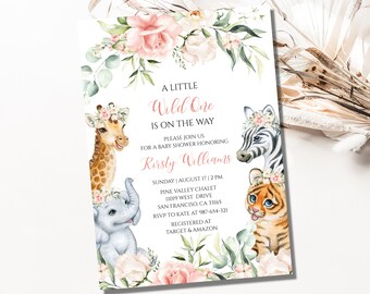 Safari Jungle Girl Baby Shower Invitation, A Little Wild One Baby Shower Invitation, Greenery Safari Animals Girl Baby Shower, Digital, BS5