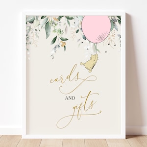 Classic Winnie the Pooh Baby Shower Cards and Gifts Sign Template Editable Pink Balloon Girl Honey Greenery Oh Girl Baby Shower Party BS24