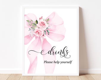 Plantilla de letrero de bebidas con lazo bohemio floral rosa ruborizado para baby shower, editable, moderno y elegante, con lazo de acuarela, para mesa, decoración imprimible BS39