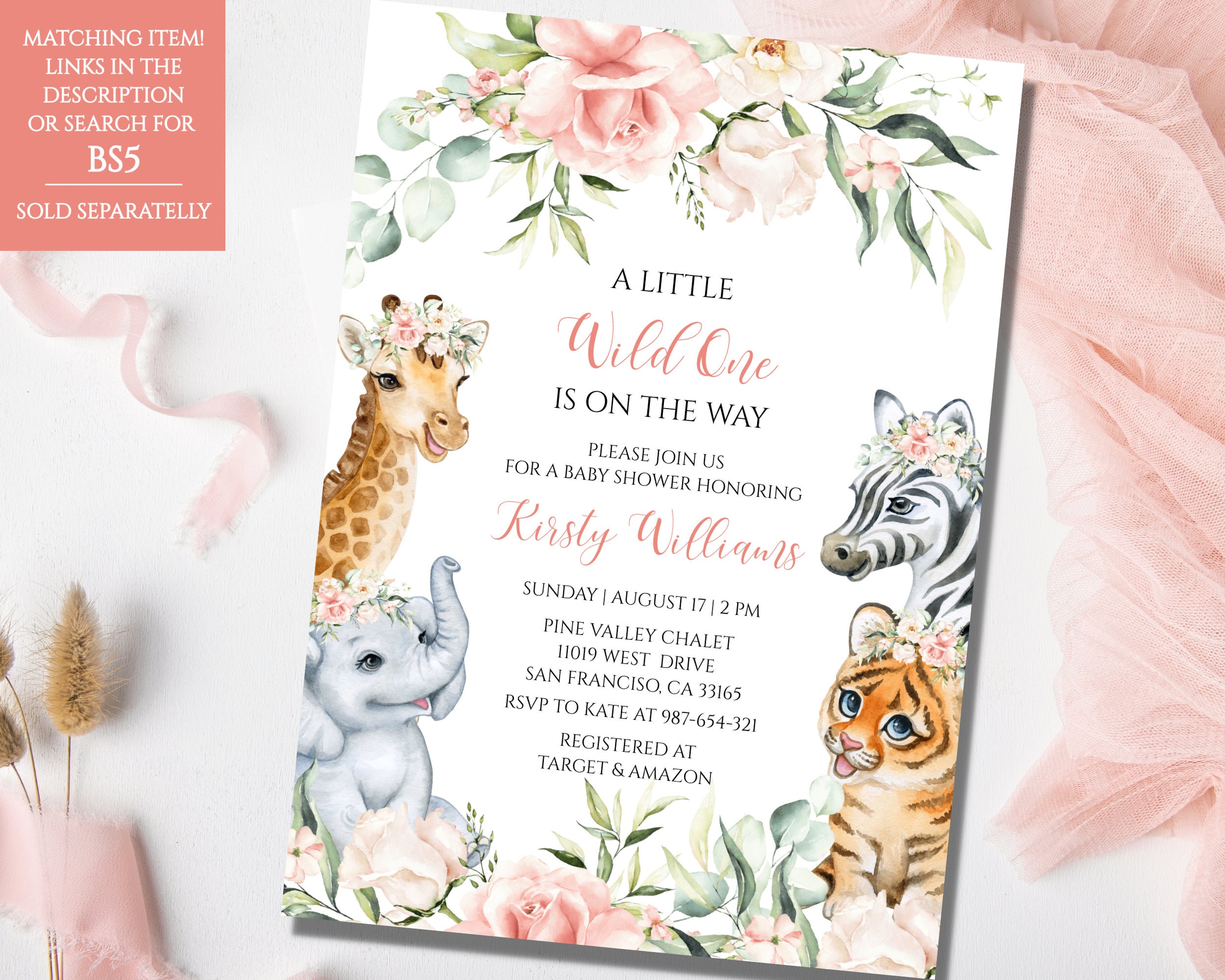 Safari Jungle Girl Baby Shower Invitation Set, A Little Wild One Baby ...