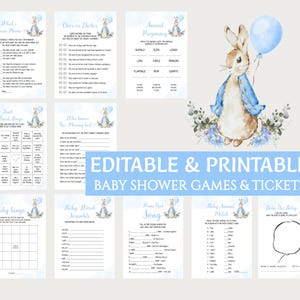 Puede incluir: Juegos de baby shower imprimibles con un tema de Peter Rabbit azul y blanco. Los juegos incluyen "What's on your Phone", "Over or Under", "Animal Pregnancy", "Find the Good Things", "Who knows the Mummy Best", "Baby Bingo", "Baby Word Scramble", "Guess That Song", "Baby Animal Match" y "Draw the Baby".