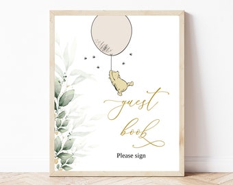 Classic Winnie The Pooh Baby Shower Guest Book Sign, Greenery Winnie The Pooh Party, Gender Neutral Baby Shower Decor, Editable, BS17