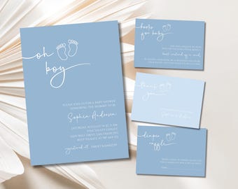 Invitación minimalista moderna para baby shower, editable, imprimible, estilo bohemio azul, descarga instantánea, BS33