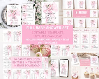 Paquete completo para baby shower con lazo rosa, invitaciones, juegos y letreros editables para baby shower Coquette, descarga instantánea BS38