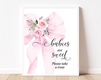 Letrero "Los bebés son dulces" con lazo floral rosa ruborizado: plantilla elegante y coqueta para letrero de mesa de baby shower, editable e imprimible, BS39