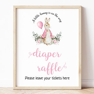 Peter Rabbit Girl Baby Shower Diaper Raffle Sign, Raffel Sign, Editable Flopsy Bunny Rustic Watercolor Decor, Pink Balloon Girl Bunny, BS9