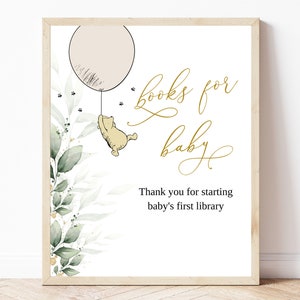 Classic Winnie The Pooh Baby Shower Books for Baby Sign, Greenery Winnie The Pooh Party, Gender Neutral Baby Shower Decor, Editable, BS17