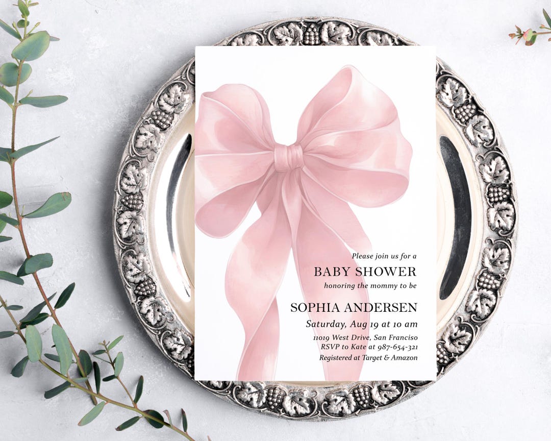 Blush Pink Bow Baby Shower Invitation Template, Editable Modern Elegant ...