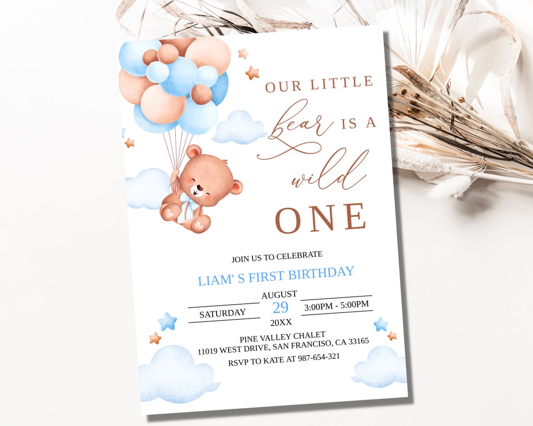 Editable Teddy Bear Boy 1st Birthday Invitation, Teddy Bear Baby ...