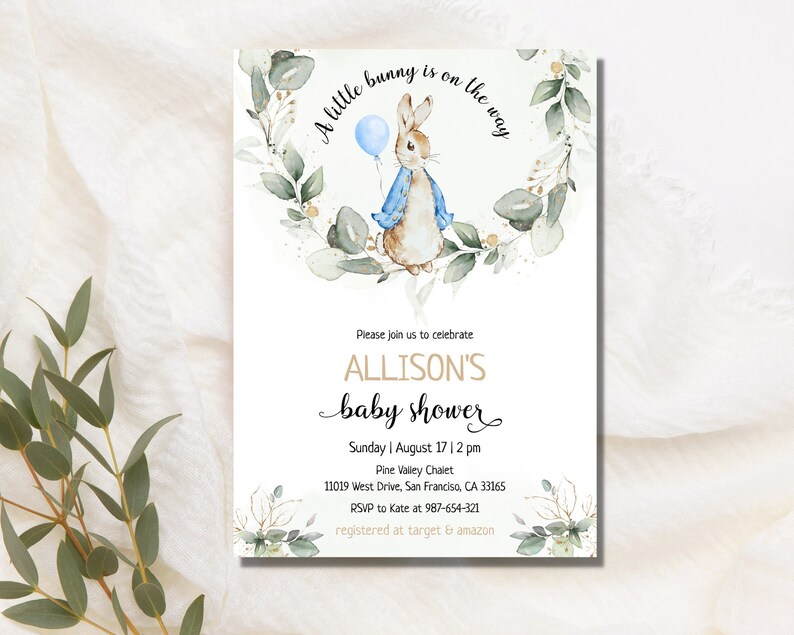 Peter Rabbit Baby Shower Invitation Template, Editable Flopsy Bunny