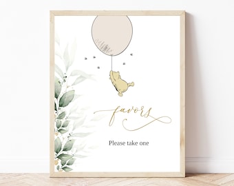 Klasyczny znak upominkowy na baby shower z Kubusiem Puchatkiem, impreza z Kubusiem Puchatkiem w zieleni, neutralny pod względem płci wystrój baby shower, edytowalny, BS17