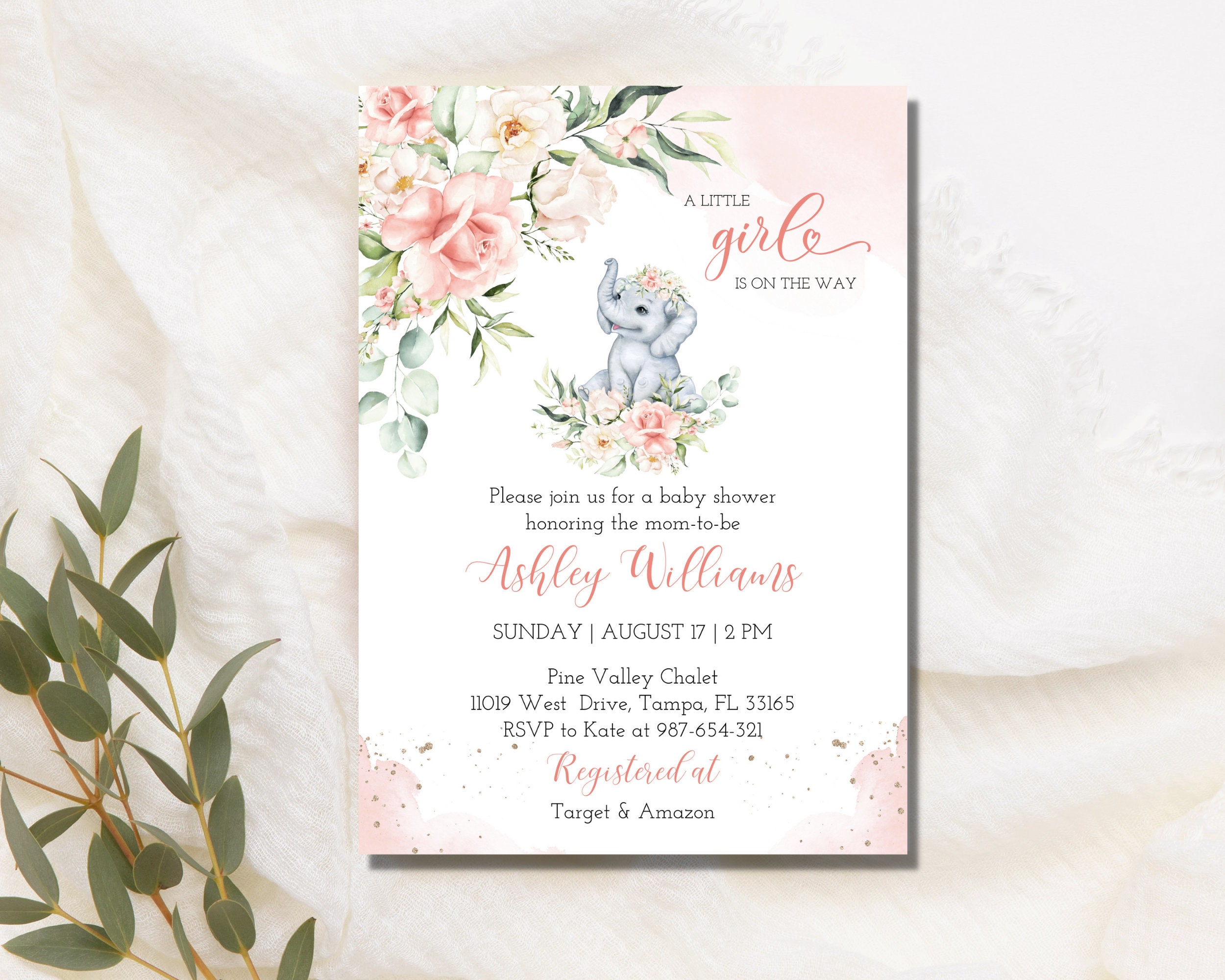 Elephant Baby Shower Invitation Template, Editable Pink Girl Baby ...