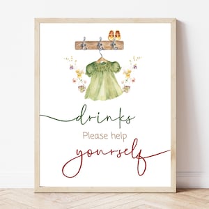 Boho Baby Shower Drinks Sign - Girl Clothesline Theme - Editable Beverage Table Sign - Printable Instant Download, BS34