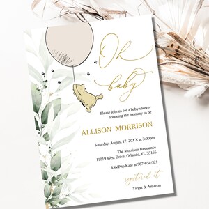 Classic Winnie The Pooh Baby Shower Invitation, Greenery Winnie The Pooh Invite, Gender Neutral Baby Shower Invitation, Editable, BS17