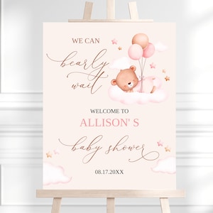 We Can Bearly Wait Girl Baby Shower Welcome Sign, Printable Baby Shower Sign Template, Baby Shower Decoration, Digital, BS20