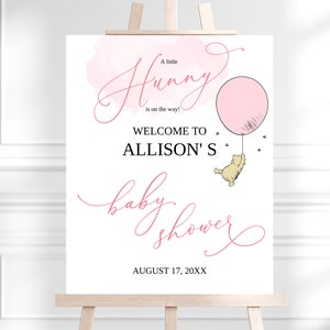 Winnie The Pooh Baby Shower Welcome Sign, Classic Winnie Baby Shower Decor, Winnie the Pooh Sign, Baby Girl Shower, Editable, BS15