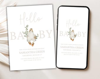 Invitación minimalista para baby shower / Plantilla neutra de "Hola Bebé" / Editable, género neutro, Evite, descarga instantánea e imprimible, BS 42