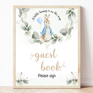 Peter Rabbit Baby Shower Guest Book Sign, Guestbook Sign, Editable Flopsy Bunny Rustic Watercolor Decor, Blue Balloon Boy Bunny, BS8