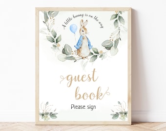 Peter Rabbit Baby Shower Guest Book Sign, Guestbook Sign, Editable Flopsy Bunny Rustic Watercolor Decor, Blue Balloon Boy Bunny, BS8