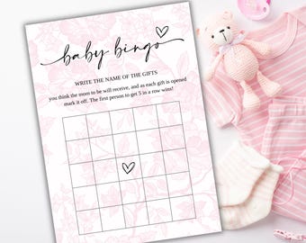Juego de bingo floral rosa rubor para bebé, imprimible, juego para baby shower de niña, actividad romántica para baby shower, descarga instantánea JPG PDF