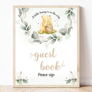 Eucalyptus Branch Design Winnie The Pooh Baby Shower Guest Book Sign, Classic Winnie The Pooh Decor, Baby Shower Decor, Editable, BS16