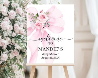 Plantilla moderna de letrero de bienvenida para baby shower con lazo para niña, letrero de entrada floral rosa ruborizado editable, póster de bienvenida coqueto, BS39