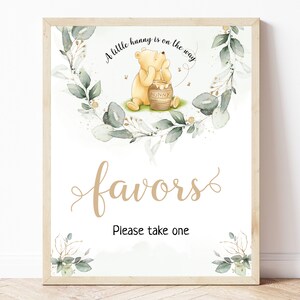 Eucalyptus Branch Design Winnie The Pooh Baby Shower Favors Sign, Classic Winnie The Pooh Decor, Baby Shower Decor, Editable, BS16